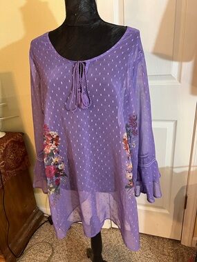 Roaman's Lavender Floral Tie-Front Sheer Swim Coverup